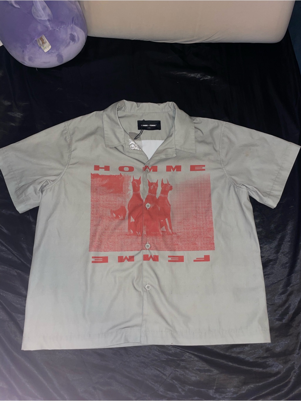 Homme Femme Large Graphic Short-Sleeve Button-Down Shirt - Light Gray